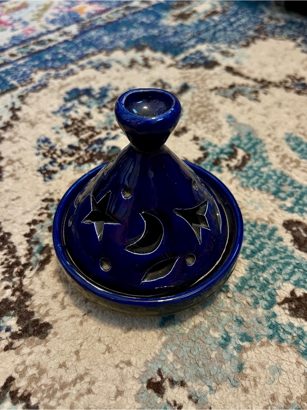 Ceramic Incense Burner with Moon & Star Cutouts - Deep Cobalt Blue